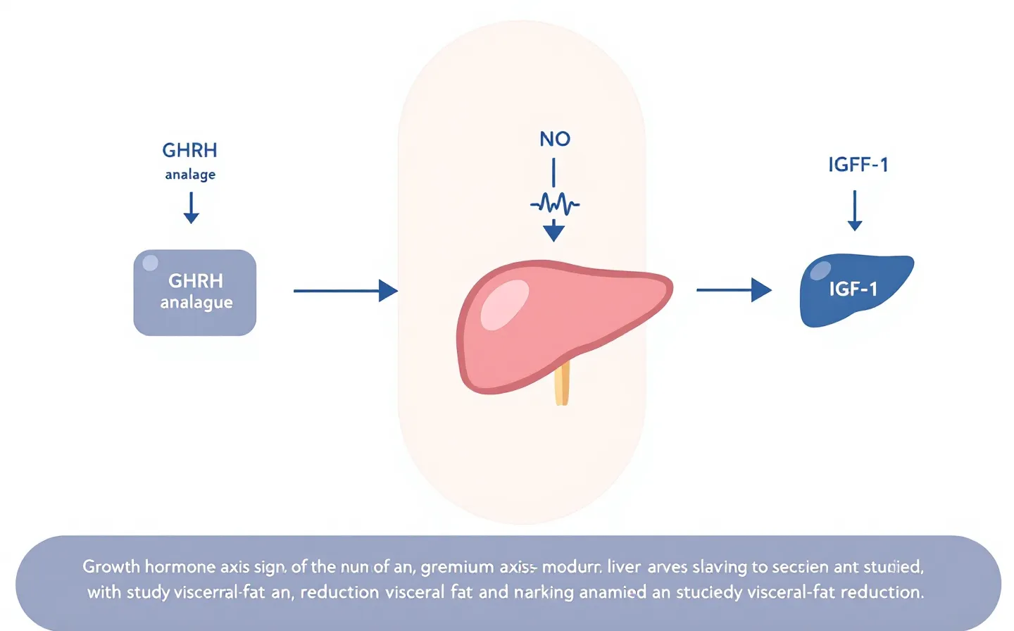 Flat corporate schematic of a GHRH-analogue node signalling through a pituitary cell to a growth-hormone pulse and a downstream liver IGF-1 node, with a green down-arrow marking visceral-fat reduction, on a cool gray-white ground